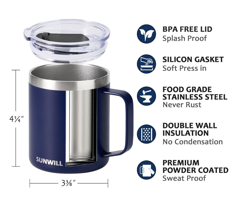 SUNWILL Travel Coffee Mug Set of 2, Insulated Tumbler with Lid, 14 oz Stainless Steel Cup with Handle for Camping, Office, Home, Powder Coated Navy Blue & Wine Red - Image 3